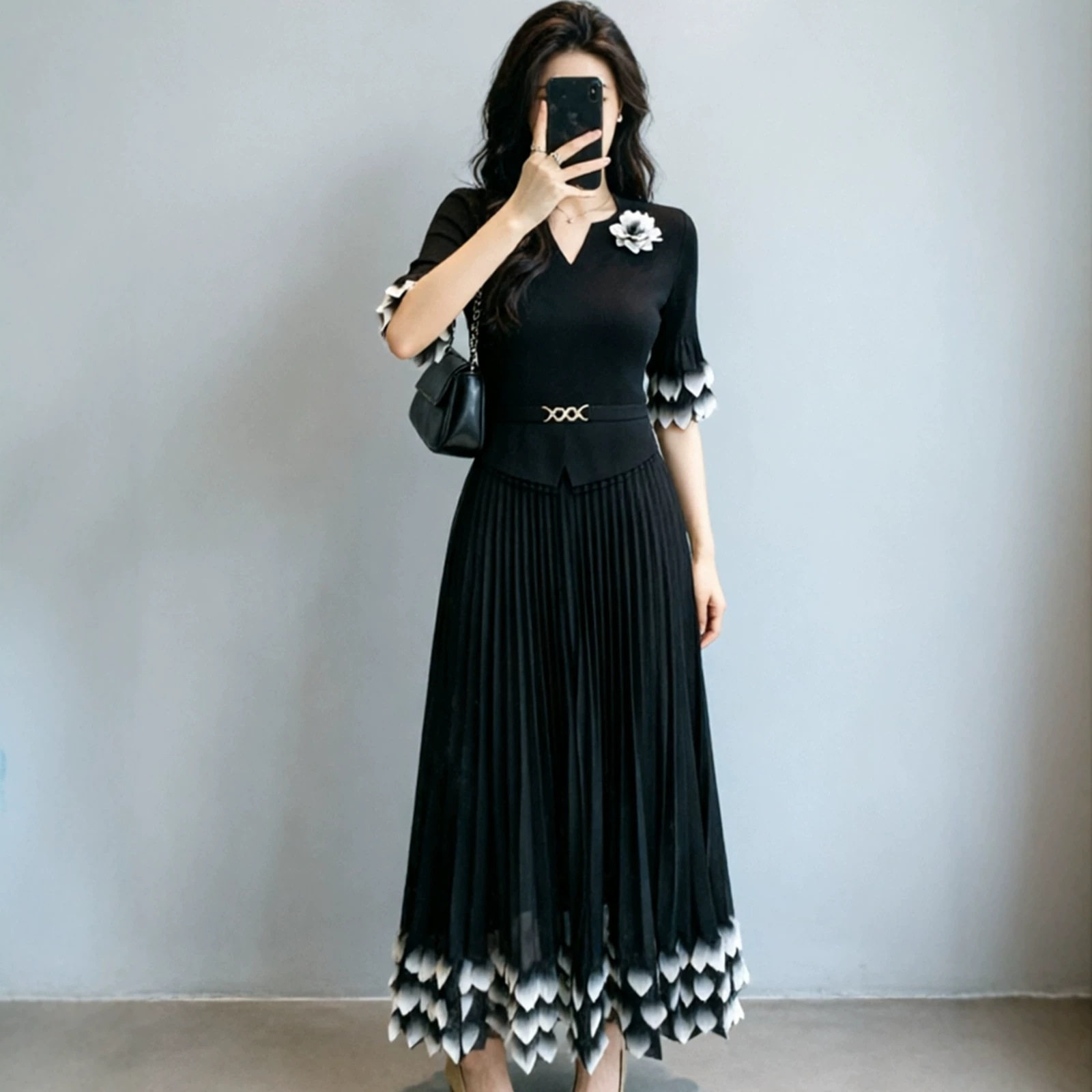 三宅设计感褶皱连衣裙女长裙跨境南油高端女装夏日绝美小裙子气质