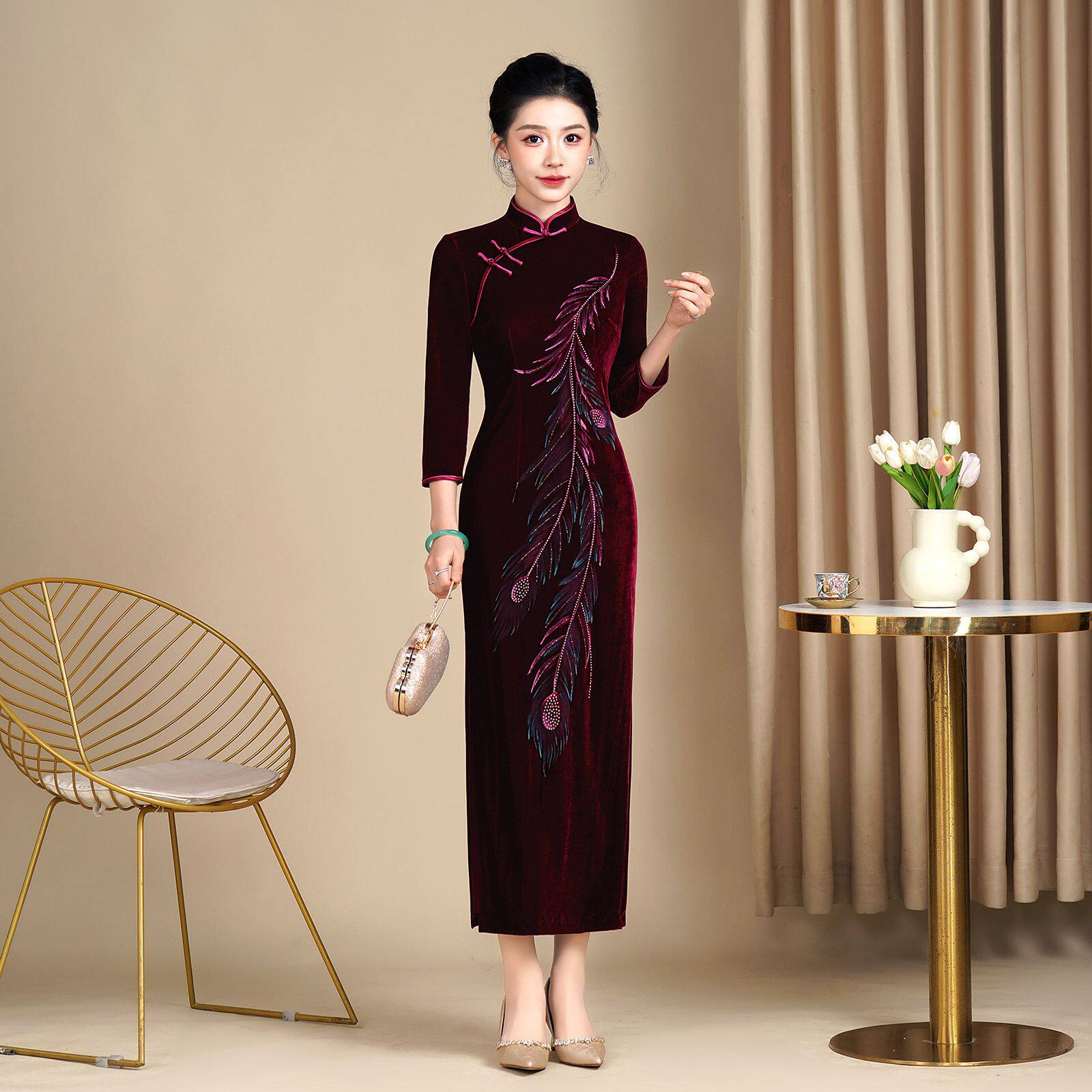 高端喜婆婆婚宴装旗袍2026新款中老年春秋装长款礼服金丝绒旗袍裙