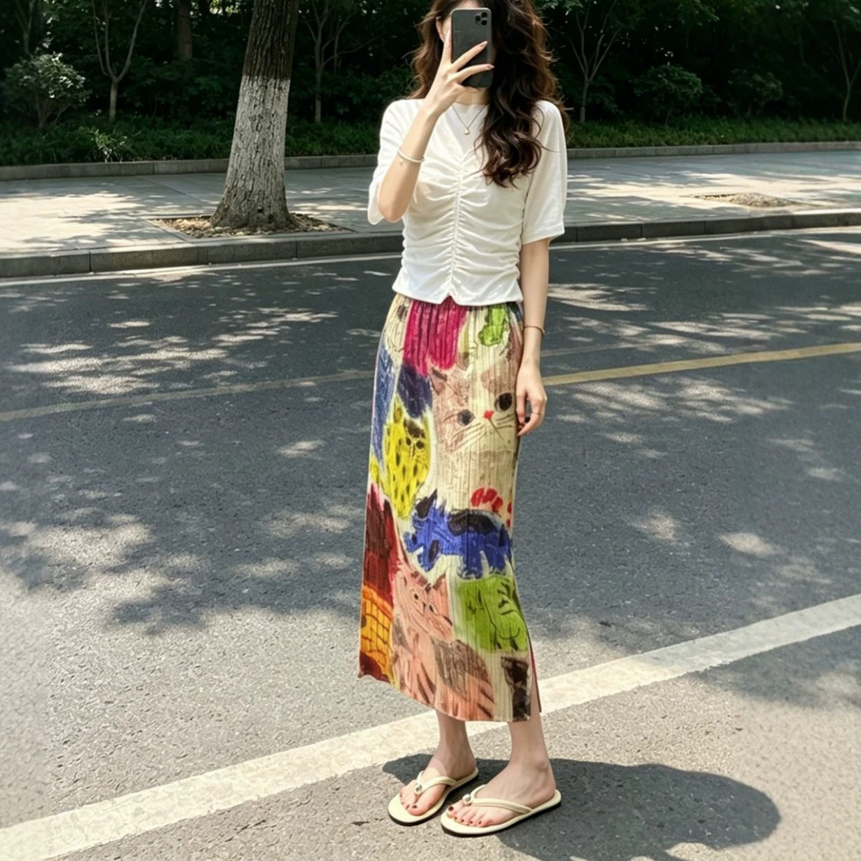 热卖三宅裙子半身裙女明星同款猫咪印花开叉高腰百搭直筒裙气质款