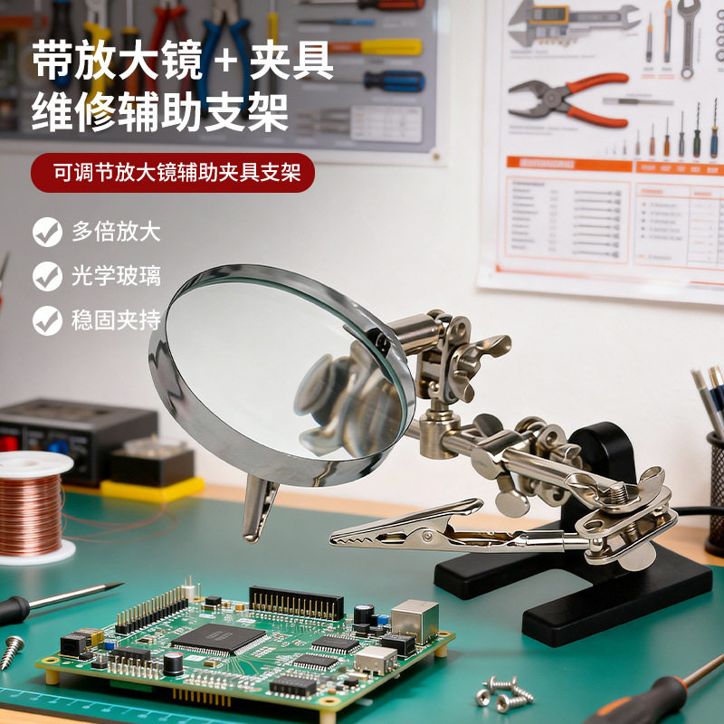 带夹子放大镜电路板PCB维修辅助焊接金属鳄鱼夹持支架组合式夹具