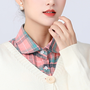 春秋冬季百搭磨毛粉色格子衬衫假领子装饰假衬衣领加厚女士学院风
