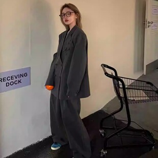 韩系慵懒 高级感灰色条纹宽松廓形西服阔腿裤 财神GOD2026春季 新款