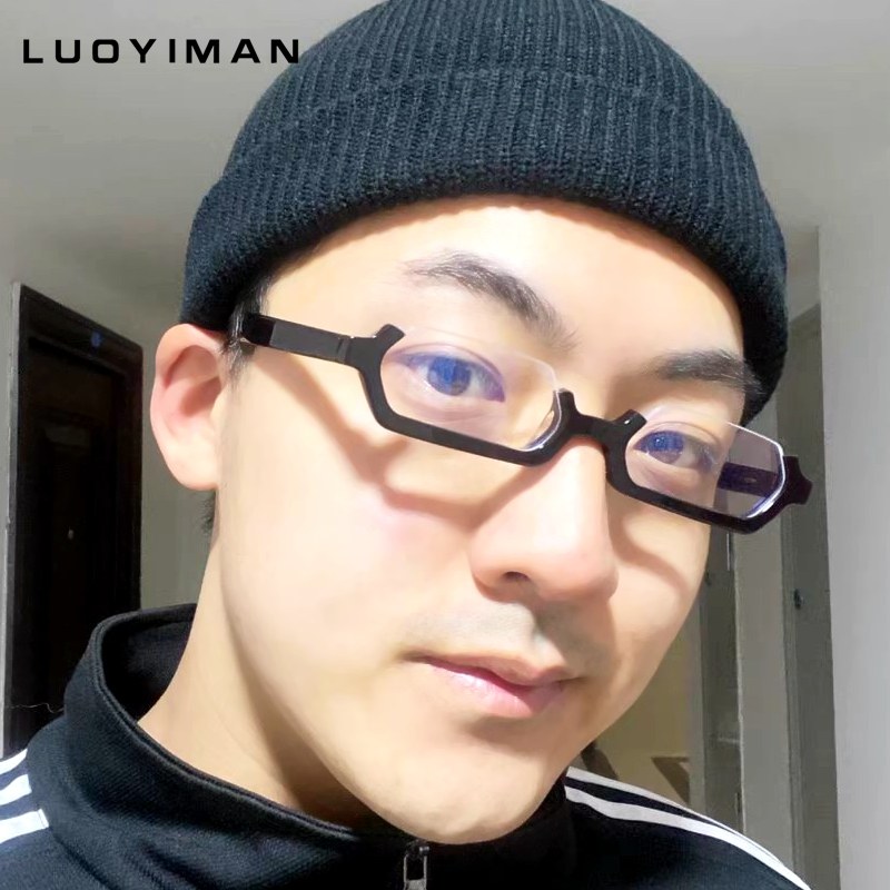 设计师小众日本小方形手造不规则复古眼镜框架近视男女小脸下半框