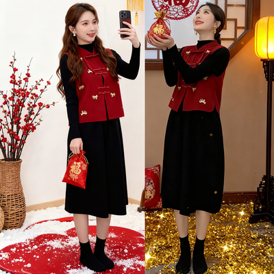 新年战袍中式复古马甲连衣裙盘扣设计感两件套装047