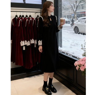 2025冬款新中式复古国风连衣裙花边拼接设计气质打底裙子8133