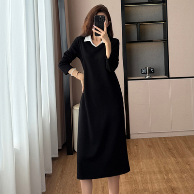 2025秋冬款气质女神范连衣裙假两件撞色翻领长款休闲裙子8616
