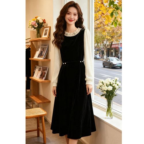 2025秋冬法式赫本风收腰长裙丝柔钉珠假两件连衣裙8618