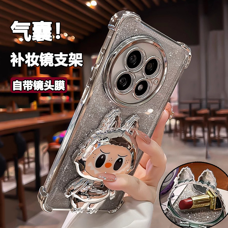 闪粉气囊适用一加13t手机壳新款一加13带镜头膜镜子支架一加Ace5全包防摔保护套可爱Ace5Pro高级黑1+小众女款