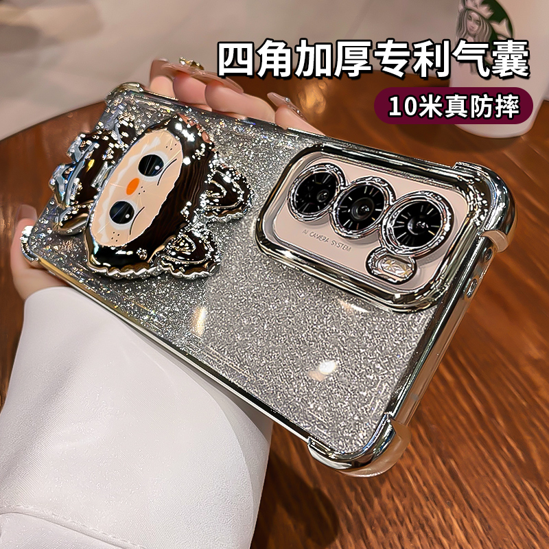 拉布布镜子带支架适用opporeno13手机壳reno12镜头全包reno14pro闪粉防摔气囊91011高级硅胶套可爱女0pp0外壳