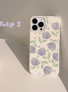 春日ins油画郁金香适用苹果17promax手机壳小清新蓝紫花朵iphone14pro新款13女12文艺风气质11软壳保14护套16
