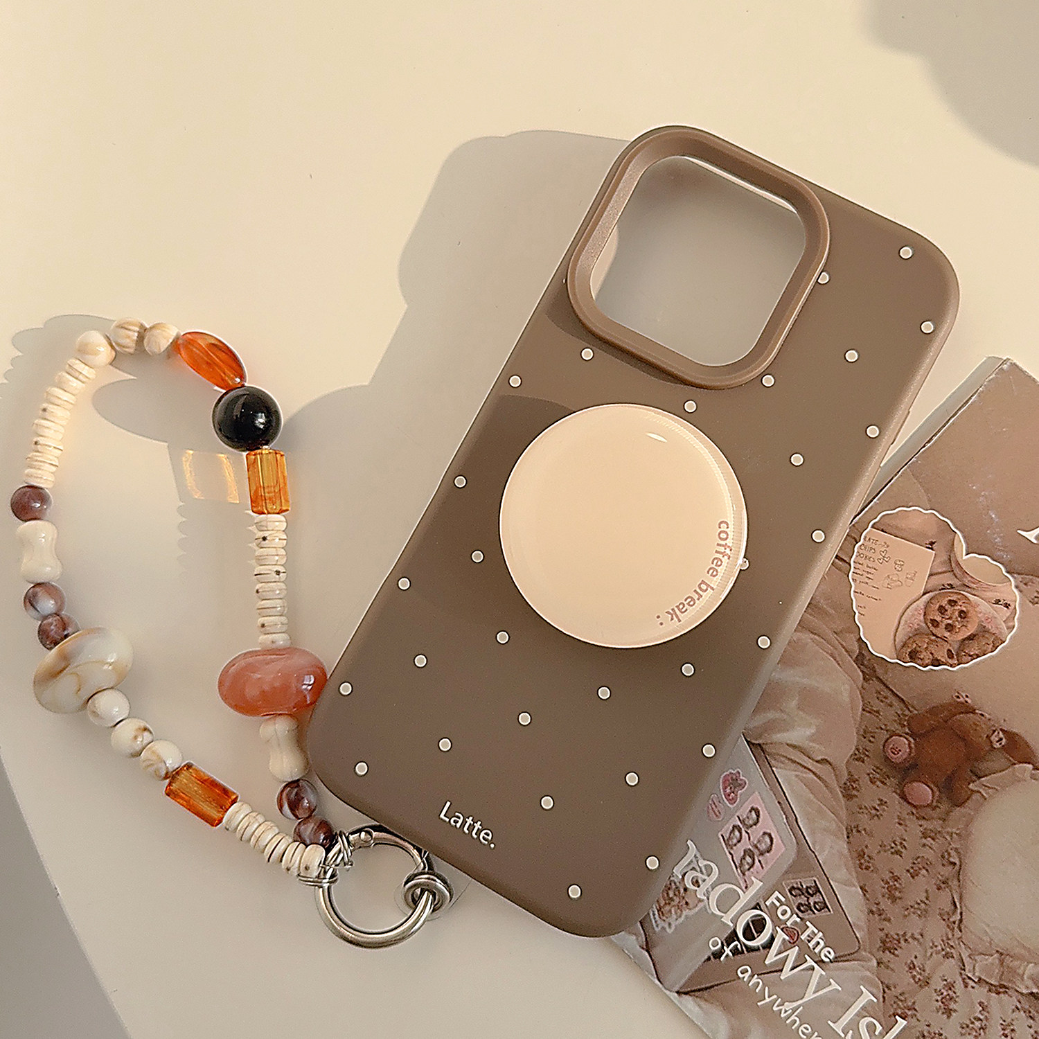 高级感棕色波点支架带挂链适用17苹果16promax手机壳iphone13新款15pro男女款14设计感创意咖啡11全包软壳16
