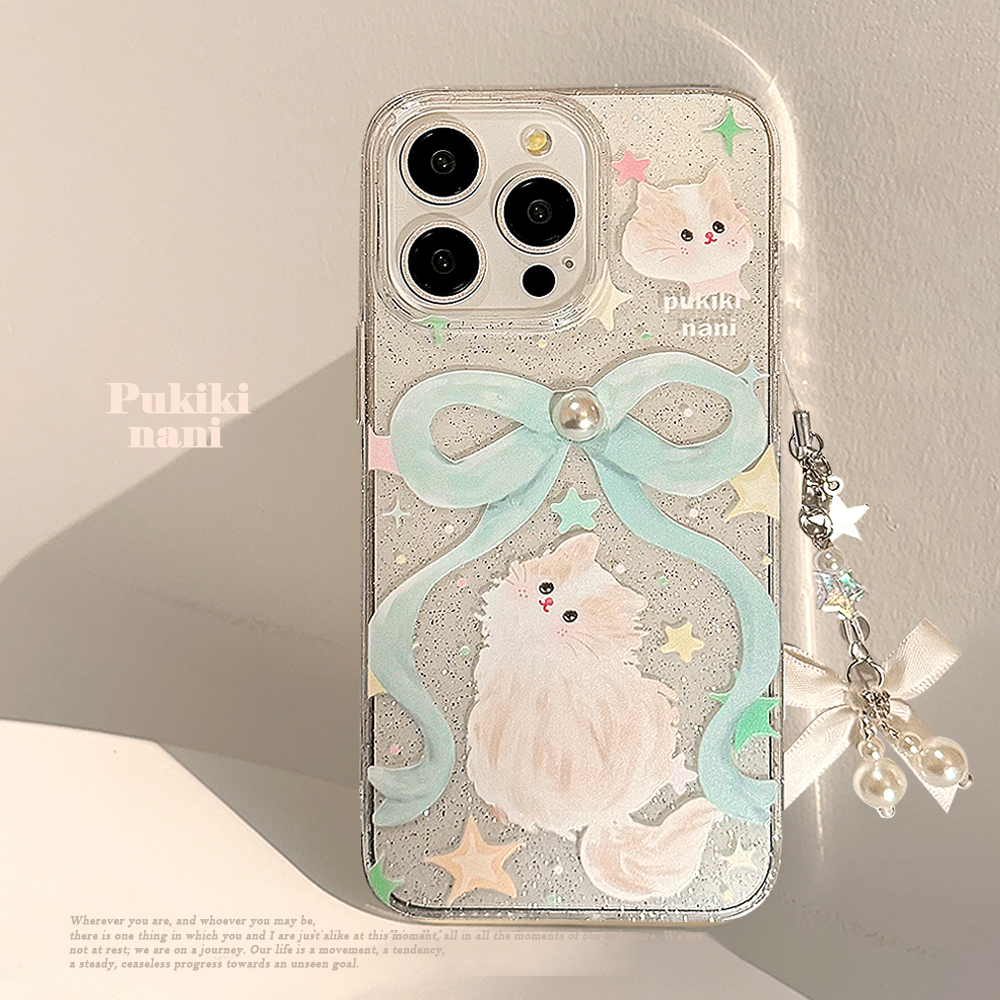 仙女风ins蝴蝶结猫咪挂饰适用iphone15promax苹果13手机壳11新款16少女12日韩立体珍珠13pm/14保护套软闪粉