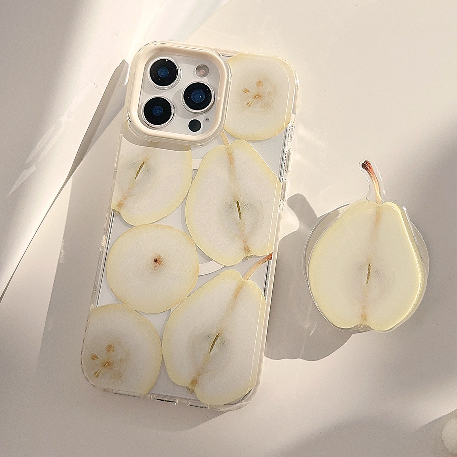 ins风小清新黄色梨子水果磁吸支架适用苹果17promax手机壳iphone16新款15pro男女款14韩系小众11全包软壳13