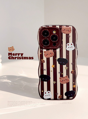 可爱圣诞卡通条纹猫咪适用苹果17promax手机壳节日氛围感ihone16女14秋冬复古风11全包12防摔酒红色15波浪边