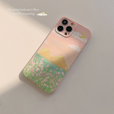 适用iphone17pro手机壳粉橘色油画涂鸦风景15苹果13新款14pro max女12文艺创意plus简约艺术感11全包软16