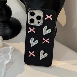 粉色珍珠白爱心蝴蝶结适用iPhone17promax苹果16手机壳12新款11立体少女心15plus电镀15Pro保护套13全包轻奢
