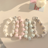 可爱粉色毛绒珍珠串珠手机链挂绳手提防丢链适用女生手腕链手机壳