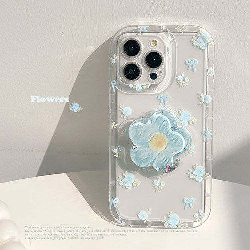 夏日奶蓝碎花蝴蝶结支架适用苹果14手机壳小清新少女iPhone16pro max新款15plus透明12pro硅胶11软壳13保护套