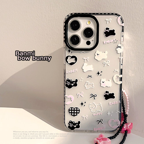 ins可爱卡通蝴蝶结小兔狗狗插画适用苹果15ProMax手机壳iPhone13全包16新款14Pro软14Promax保护套XR少女粉绳
