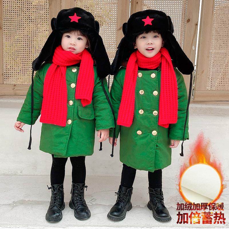 男童军大衣棉袄宝宝加厚绿色冬季东北棉衣复古加绒儿童中长款外套