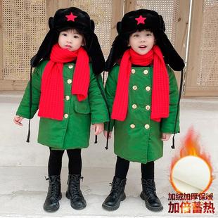 男童军大衣棉袄宝宝加厚绿色冬季东北棉衣复古加绒儿童中长款外套