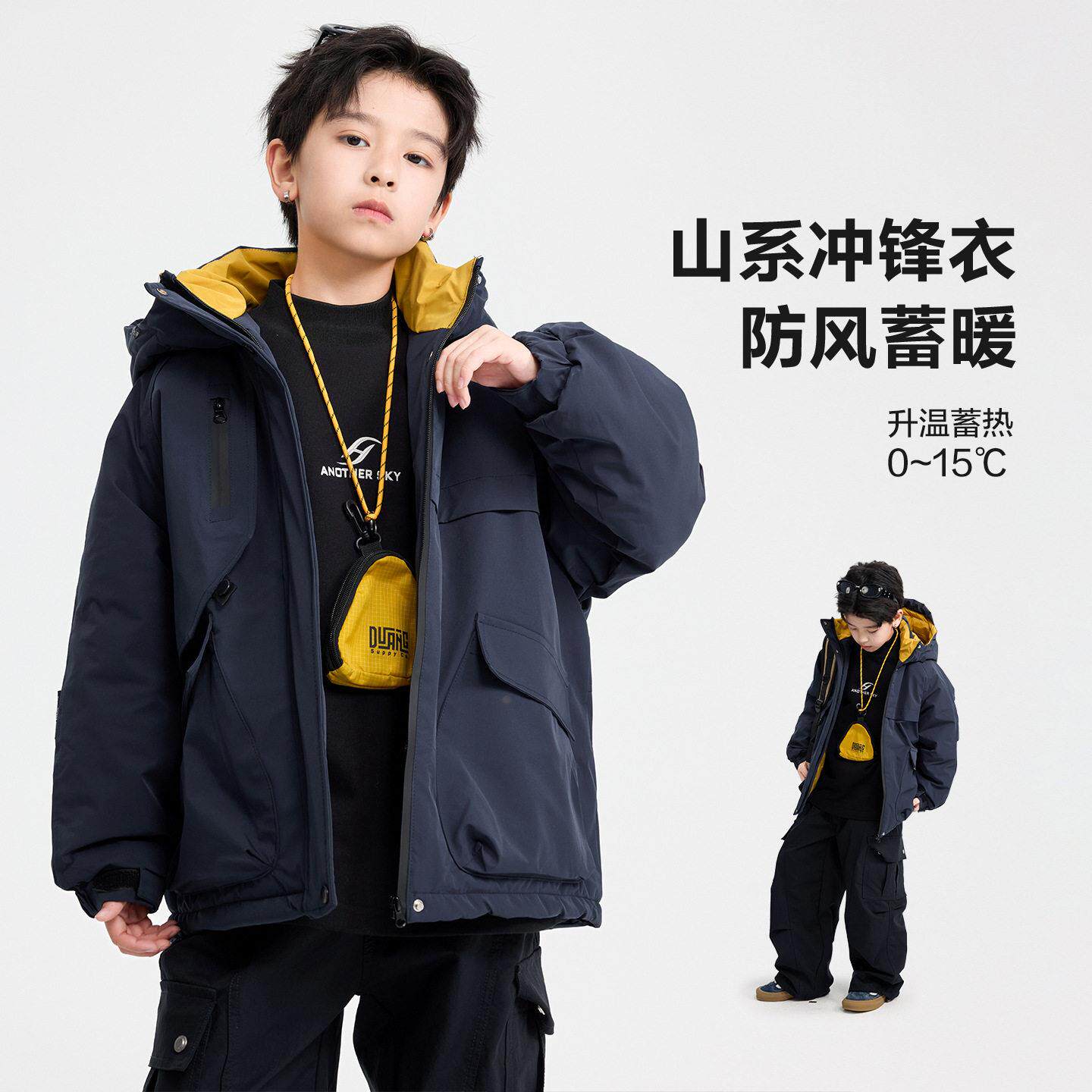 童冬季防水运动夹棉冲2锋衣中童棉服025大新款儿童户外连帽外套
