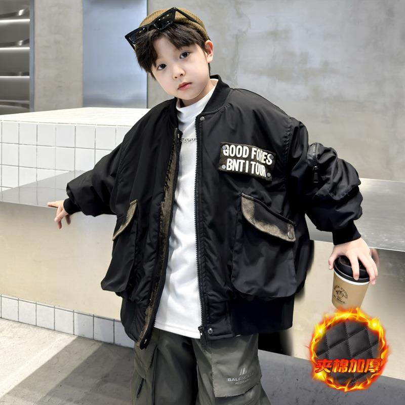 男童夹棉外套秋加厚保工装夹克冬男孩酷帅暖休闲字母棒球棉服跨境