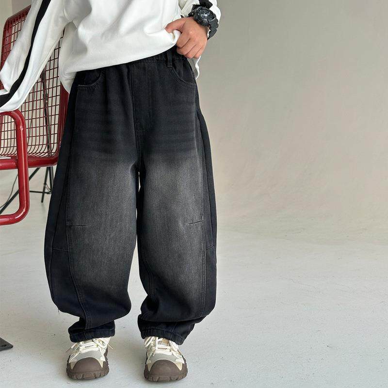 男童牛仔裤加厚一绒宽松长裤中大儿童冬款时髦拼体接弯刀秋休闲裤