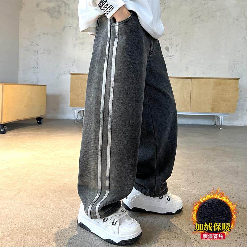 跨境男童加绒牛仔裤中童大秋冬款厚保暖裤子韩版潮加范直筒裤