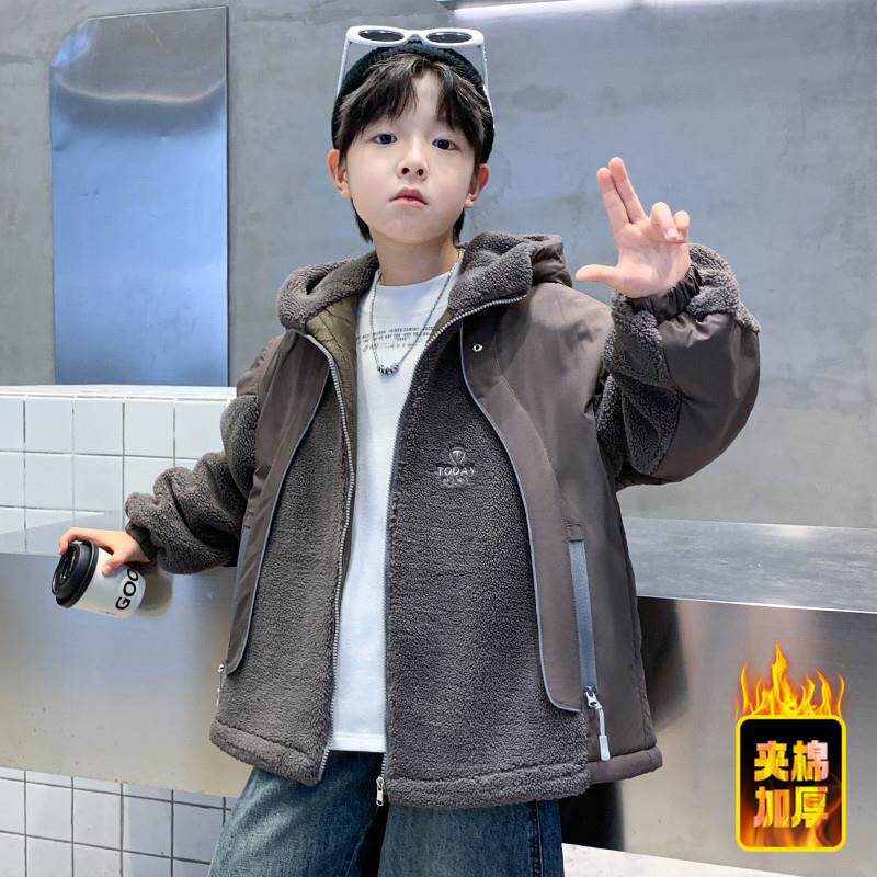 男童反光卡绳外套连帽夹韩棉毛毛衣中保大儿童版秋冬暖羊羔毛棉服