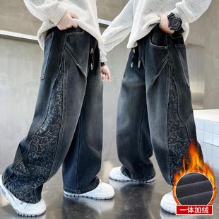 男童拼一体绒牛仔裤时髦接花印阔腿裤中大童韩范秋冬季加厚直筒裤