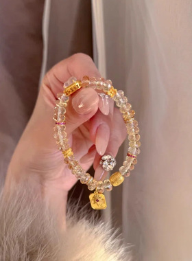 爆闪切刻面巴西天然黄水晶手串玉葫芦金象牌吊坠串珠手链轻奢