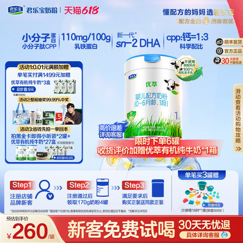【新客试喝】君乐宝旗舰店优萃1段婴儿配方牛奶粉0-6个月800g*1罐