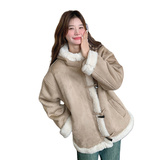 时尚保暖牛角扣麂皮毛呢外套女冬季新款设计感复古加厚连帽大衣，商品下架区，新风尚