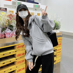 灰色连帽卫衣外套女2025春季新款韩系学院风宽松休闲百搭短款上衣图片