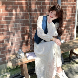 韩系小清新减龄镂空连衣裙套装女2025秋季新款设计感短马甲两件套，女装连衣裙，新风尚