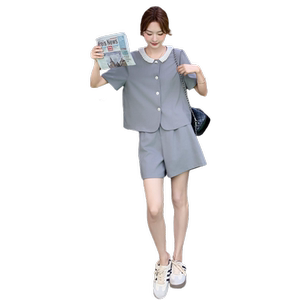 休闲灰色短袖西装短裤套装女夏2025新款小个子大方得体穿搭两件套图片