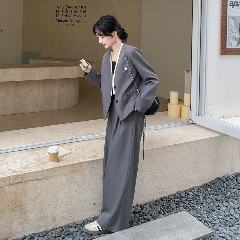 灰色西装套装女2025新款春季高级感洋气时尚时髦气质阔腿裤两件套,女装套装/套裙,新风尚