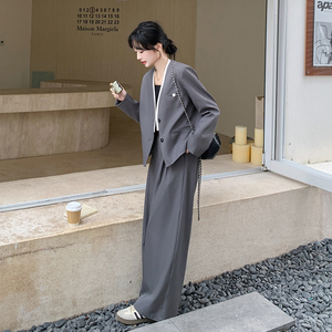 灰色西装套装女2025新款春季高级感洋气时尚时髦气质阔腿裤两件套图片