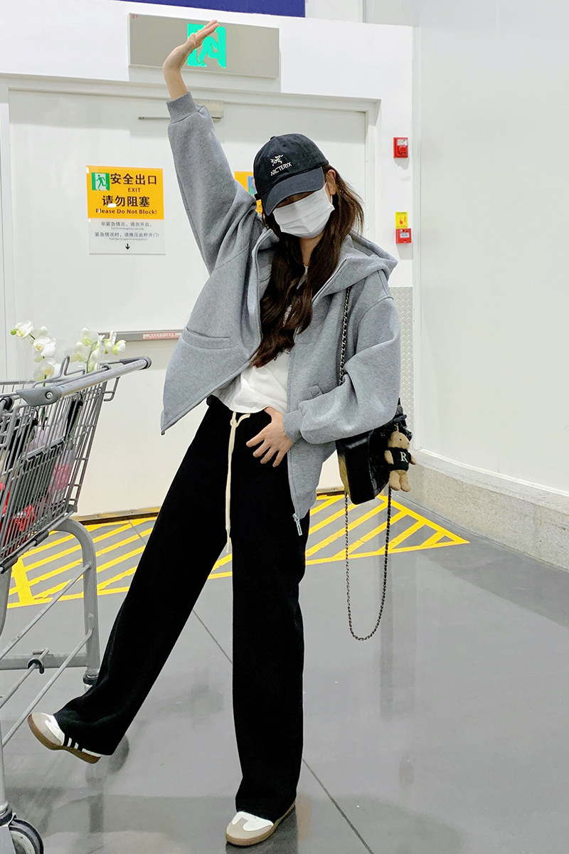 灰色连帽卫衣外套女2025春季新款韩系学院风宽松休闲百搭短款上衣,女装卫衣/绒衫,新风尚
