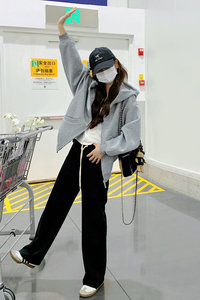 灰色连帽卫衣外套女2025春季新款韩系学院风宽松休闲百搭短款上衣图片