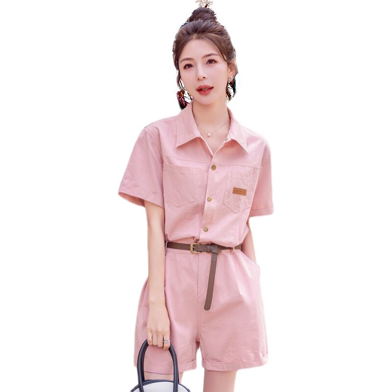 工装粉色连体裤女夏季新款收腰显瘦韩系小个子休闲减龄连衣短裤,女装连体裤,新风尚