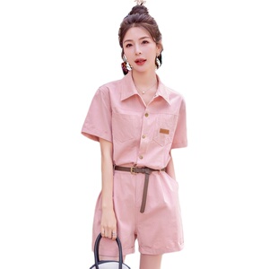 工装粉色连体裤女夏季新款收腰显瘦韩系小个子休闲减龄连衣短裤图片