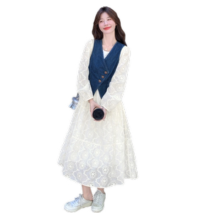 韩系小清新减龄镂空连衣裙套装女2025秋季新款设计感短马甲两件套图片