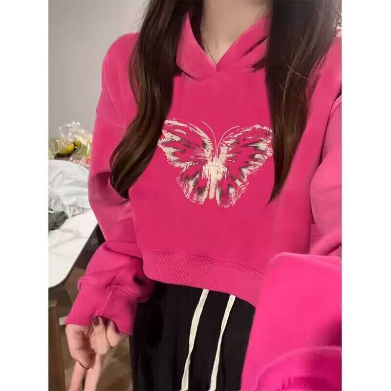 火龙果色连帽印花卫衣外套女款2024秋冬新款爆款短款长袖帽衫上衣
