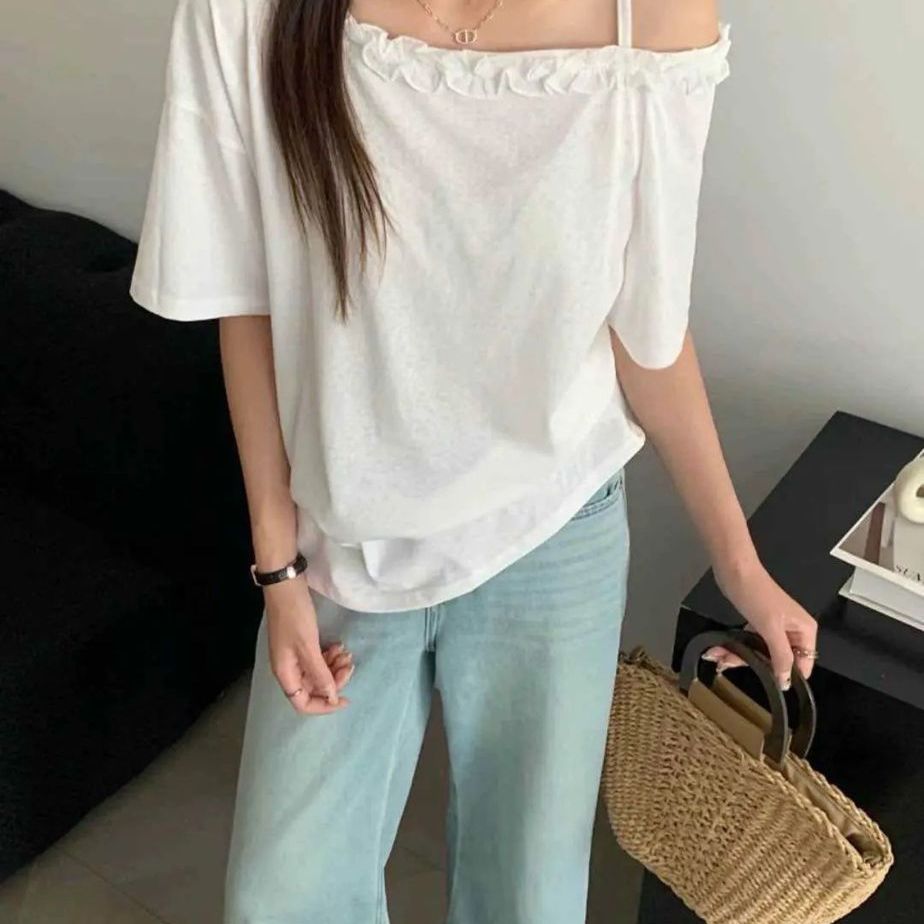夏季洋气女装斜肩短袖T恤女款爆款2025新款薄款设计感小众上衣服
