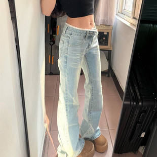 美式低腰水洗浅色系蕾丝拼接设计感微喇牛仔裤2026春季新款马蹄裤