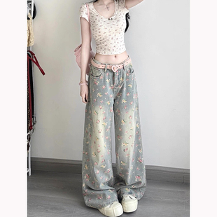 2025秋季美式水洗花卉印花牛仔裤女设计感高腰宽松显瘦直筒阔腿裤