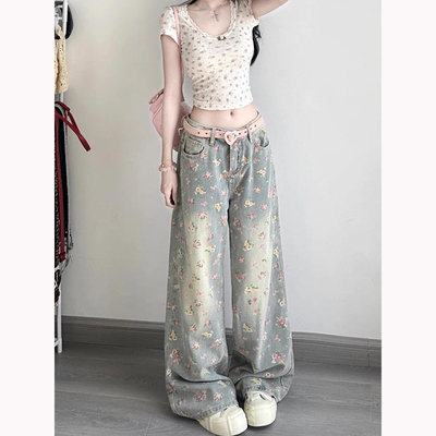 2025秋季美式水洗花卉印花牛仔裤