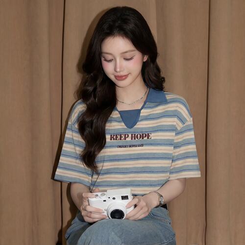 夏季蓝条纹宽松翻领短袖T恤女